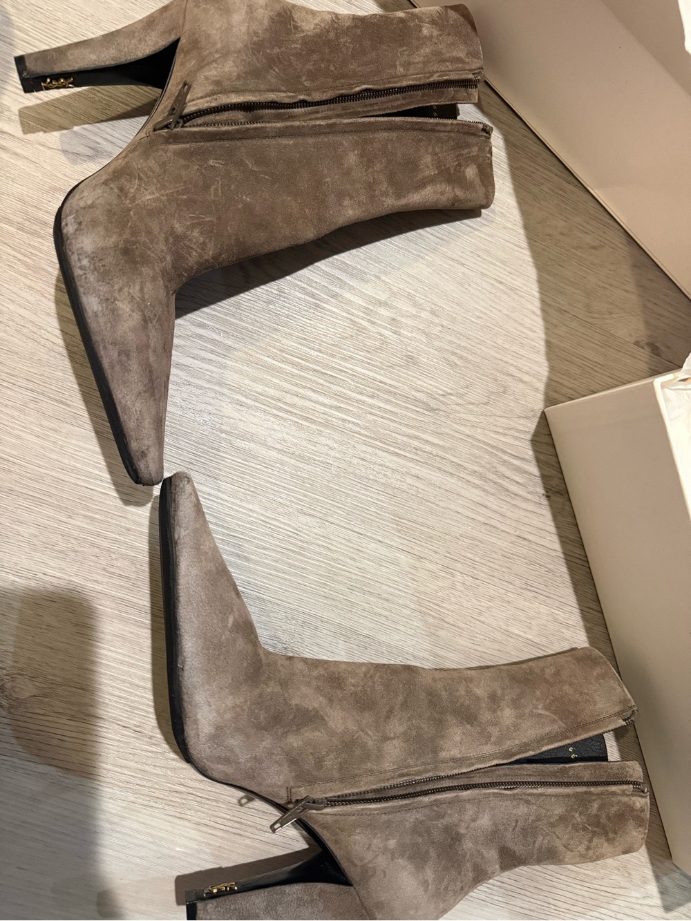 Saint Laurent Taupe Suede Pointed-Toe Mid-Heel Ankle Boots - Picture 8 of 8